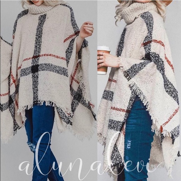 ‼️1 LEFT‼️ Cream Plaid Poncho - Picture 2 of 2